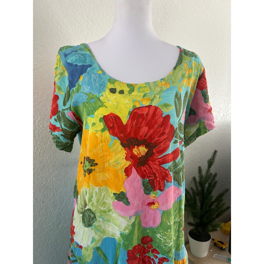 Vintage Jams World Tropical Floral Patchwork Tiered Midi Dress L 2000s Dopamine - Picture 6 of 13